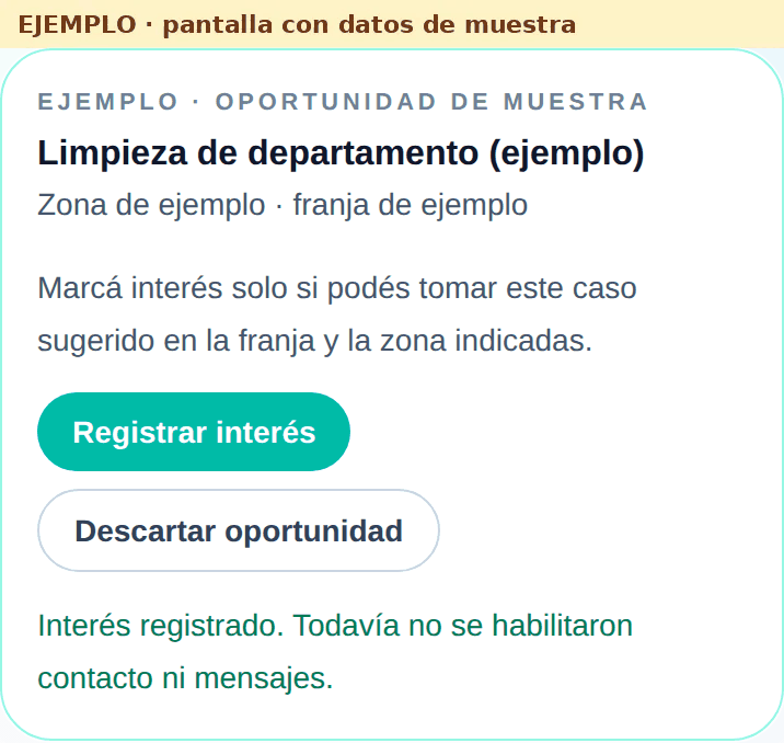 Tarjeta de ejemplo que, al registrar el interés, avisa que todavía no se habilitaron contacto ni mensajes.