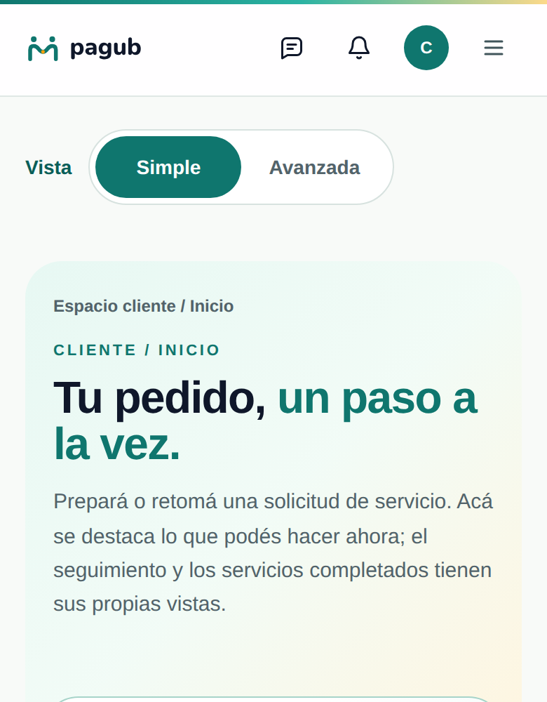 Selector de vista con las opciones Simple, elegida, y Avanzada, sobre el panel del cliente.