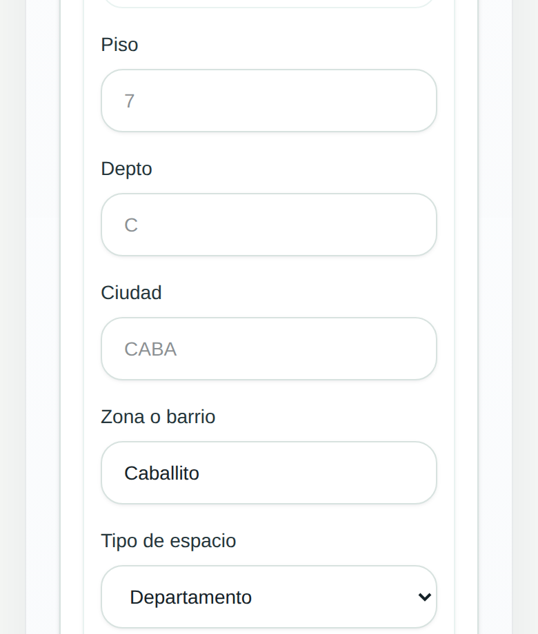 Campos del domicilio del pedido: piso, depto, ciudad, zona o barrio, tipo de espacio y referencia para llegar.